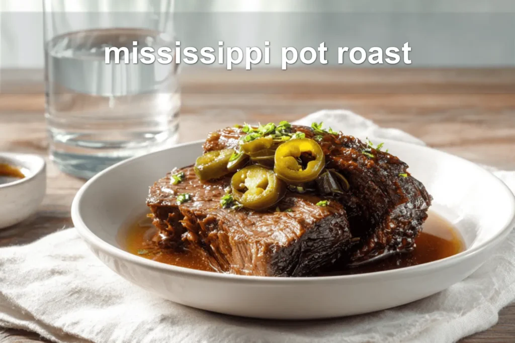 mississippi pot roast on white napkin with buttery glaze and clear glass of water