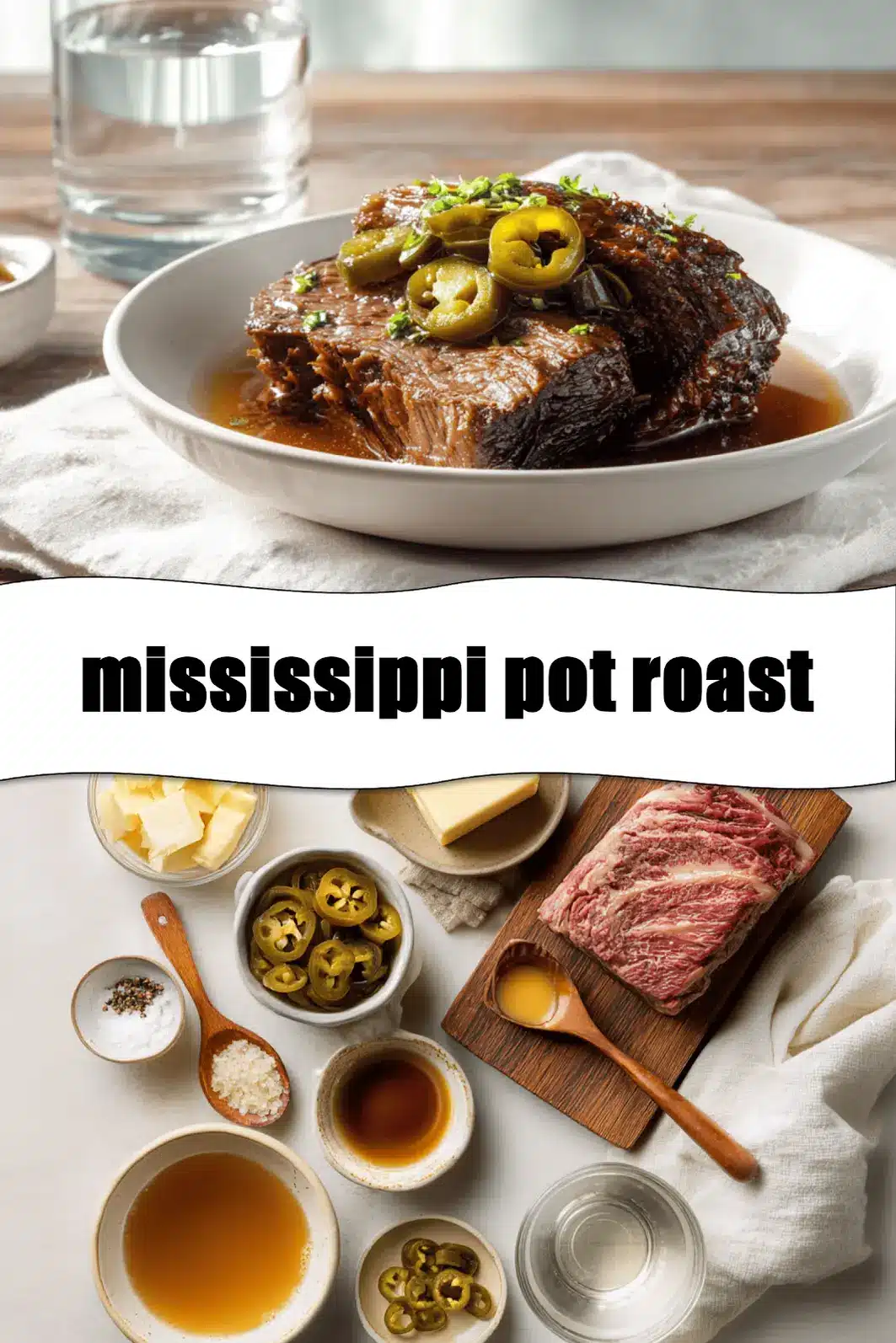 mississippi pot roast on white napkin with buttery glaze and clear glass of water_pin
