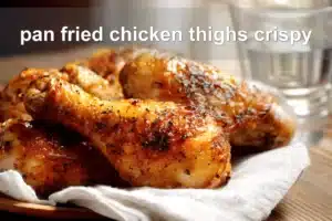 pan fried chicken thighs crispy golden skin on white cloth with simple glass of water