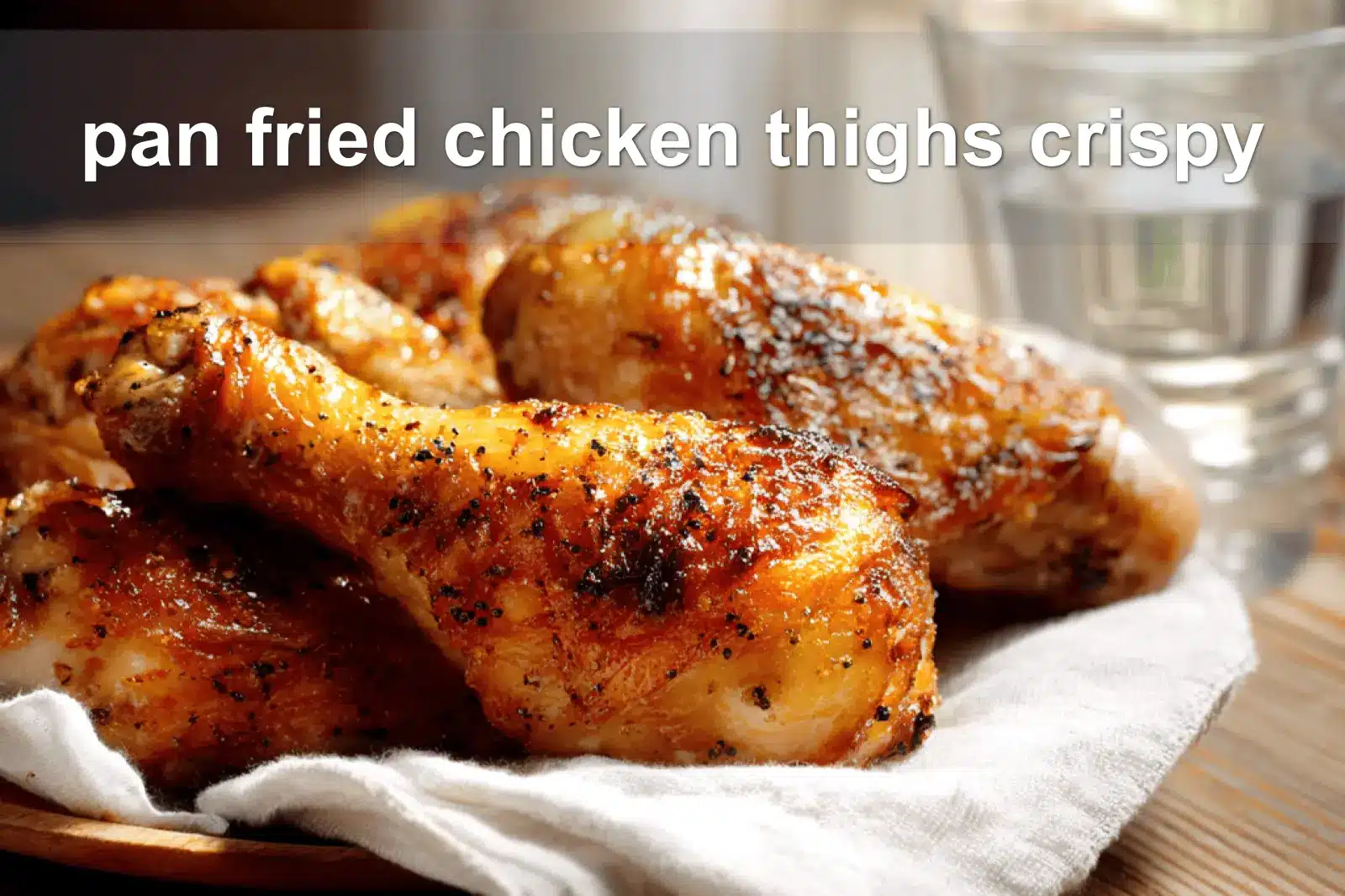 pan fried chicken thighs crispy golden skin on white cloth with simple glass of water
