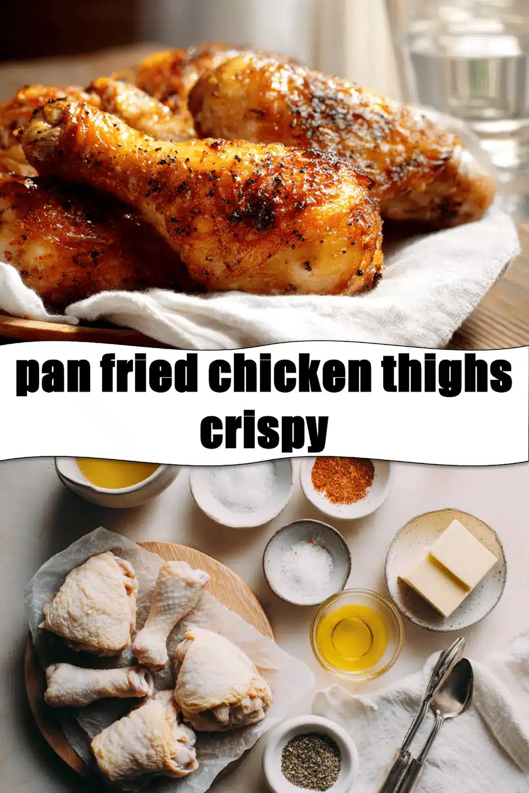 pan fried chicken thighs crispy golden skin on white cloth with simple glass of water_pin