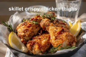 skillet crispy chicken thighs golden crisp skin lemon thyme on white napkin
