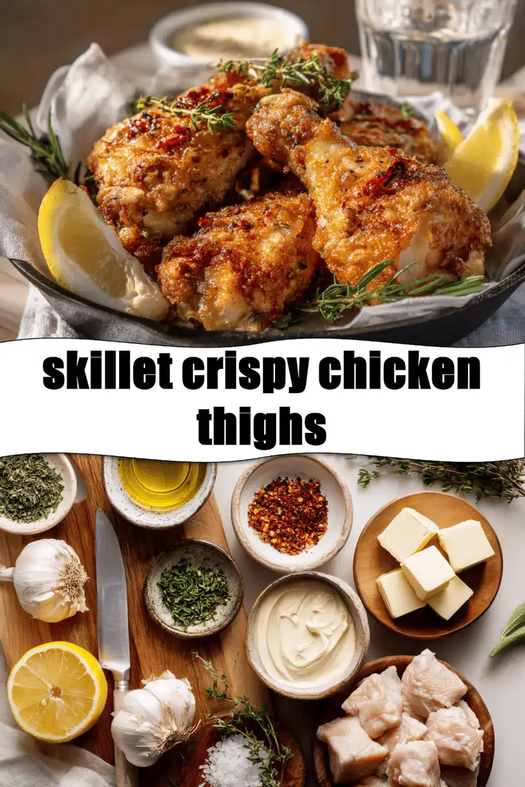 skillet crispy chicken thighs golden crisp skin lemon thyme on white napkin_pin