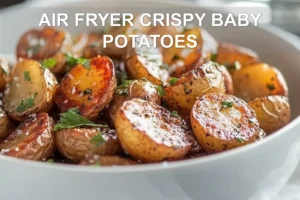 AIR FRYER CRISPY BABY POTATOES golden crispy baby potatoes plated with herbs and sea salt flakes
