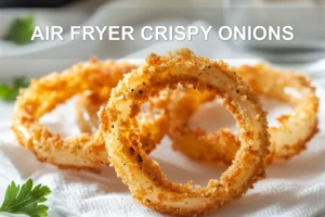 AIR FRYER CRISPY ONIONS golden onion rings on white napkin with clear glass of water