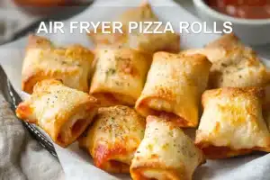 Air Fryer Pizza Rolls: Easy and Tempting Snacks Anytime AIR FRYER PIZZA ROLLS close up on white napkin with glass of water and herbs