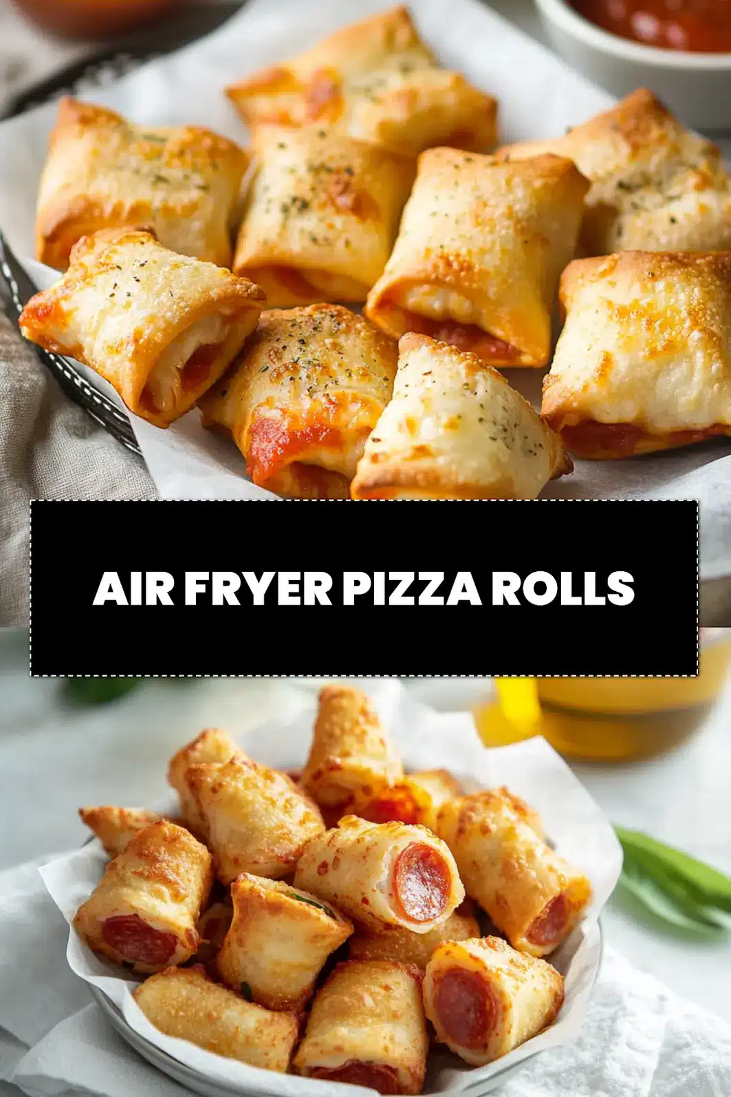 AIR FRYER PIZZA ROLLS close up on white napkin with glass of water and herbs_pin
