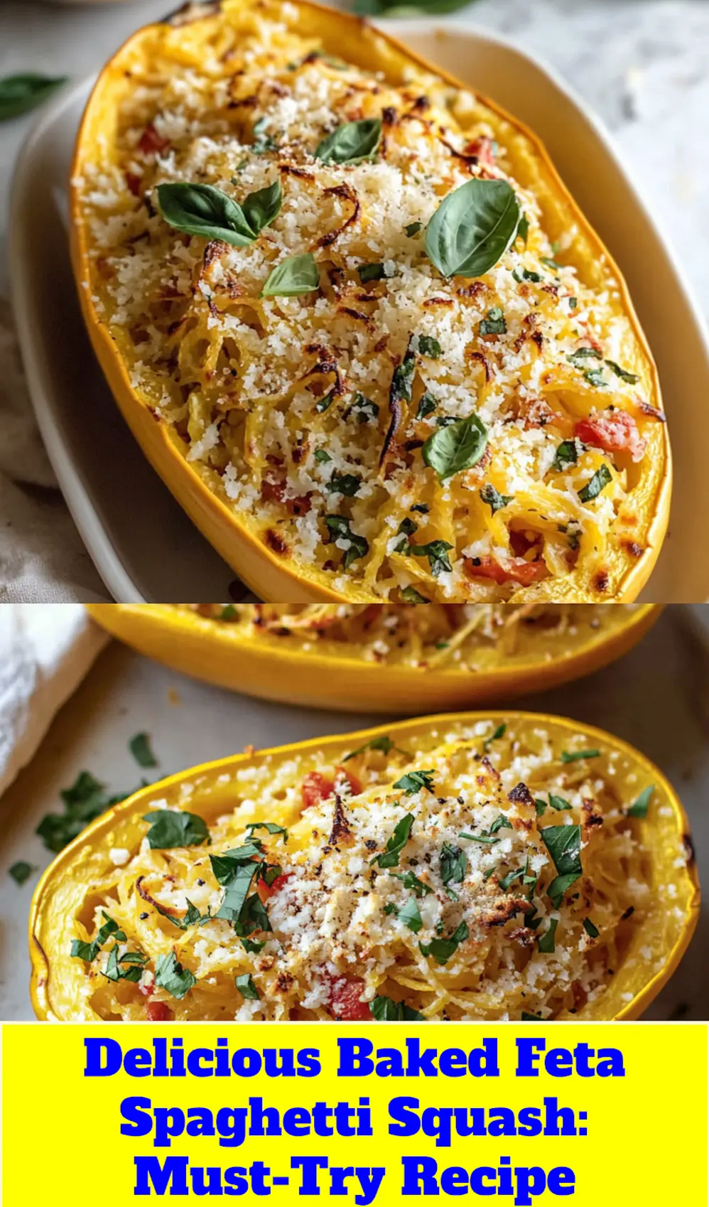 BAKED FETA SPAGHETTI SQUASH centered hero view, clean and uncluttered_pin