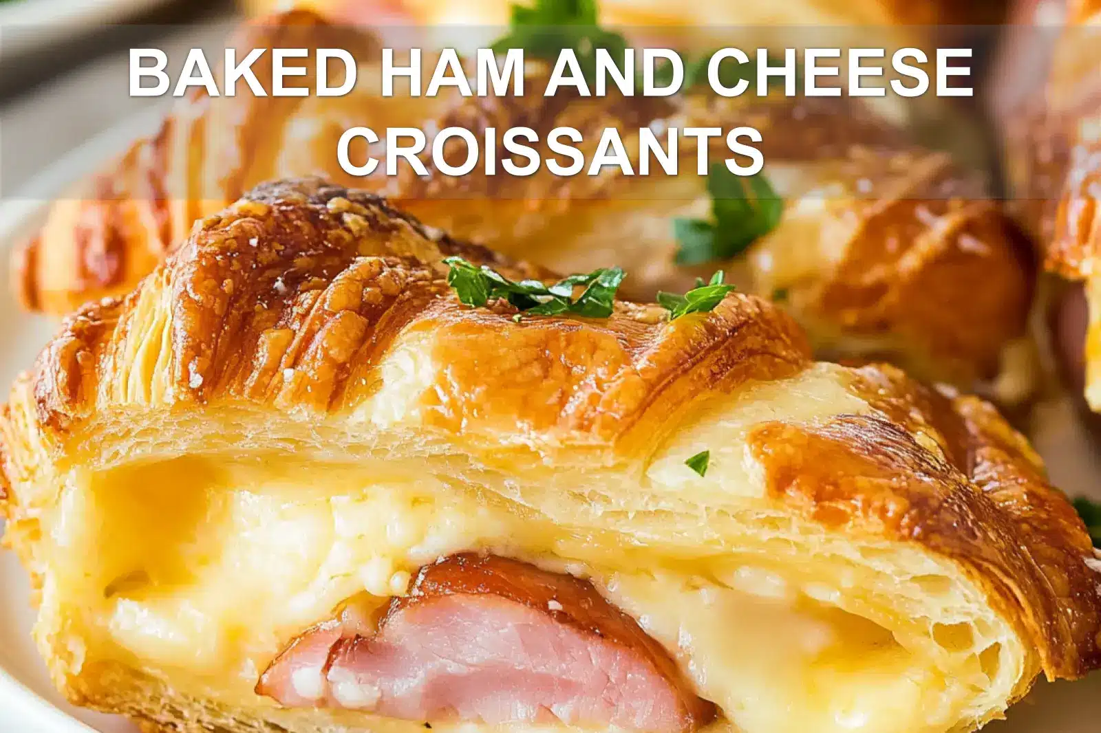 BAKED HAM AND CHEESE CROISSANTS centered hero view, clean and uncluttered