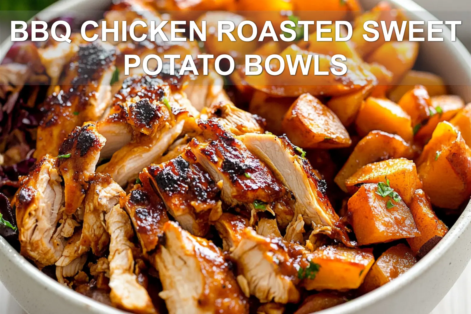 BBQ CHICKEN ROASTED SWEET POTATO BOWLS centered hero view, clean and uncluttered
