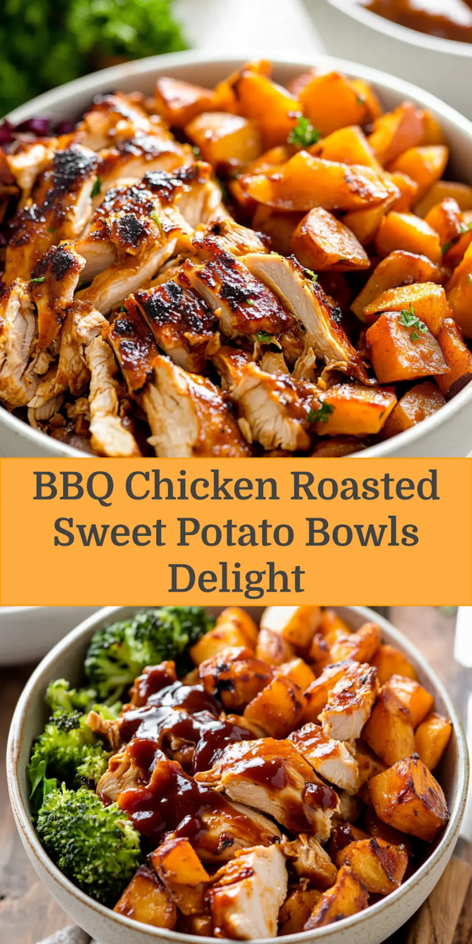 BBQ CHICKEN ROASTED SWEET POTATO BOWLS centered hero view, clean and uncluttered_pin