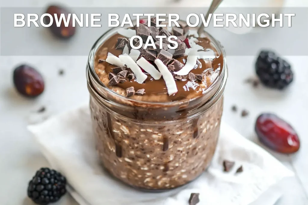 BROWNIE BATTER OVERNIGHT OATS creamy chocolate oats topped with berries dates dark chocolate and coconut flakes