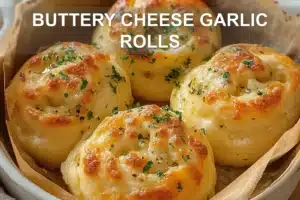 BUTTERY CHEESE GARLIC ROLLS centered hero view, clean and uncluttered