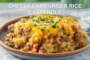 CHEESY HAMBURGER RICE CASSEROLE creamy baked casserole with melted cheddar and fresh herbs