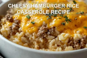 CHEESY HAMBURGER RICE CASSEROLE RECIPE centered hero view, clean and uncluttered
