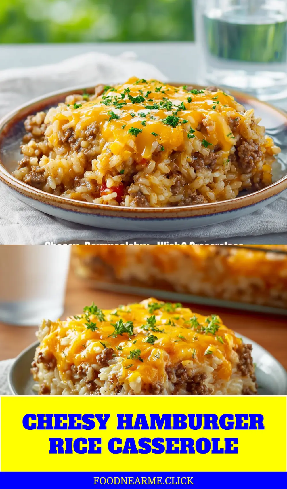 CHEESY HAMBURGER RICE CASSEROLE creamy baked casserole with melted cheddar and fresh herbs_pin