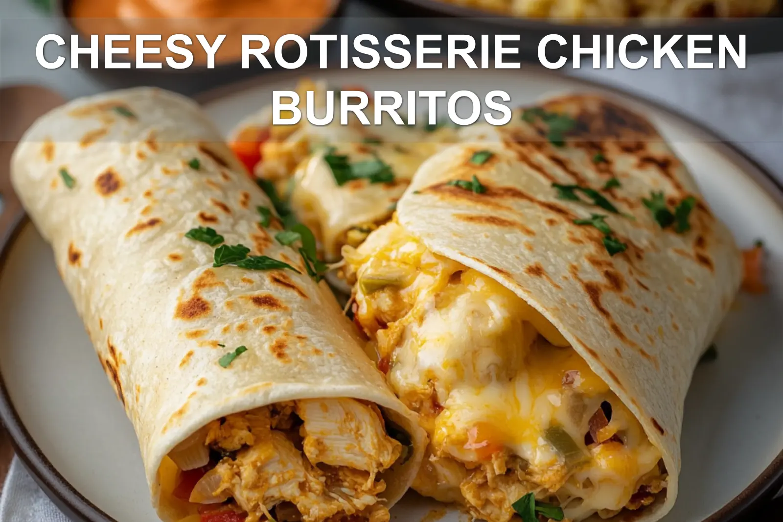 CHEESY ROTISSERIE CHICKEN BURRITOS centered hero view, clean and uncluttered