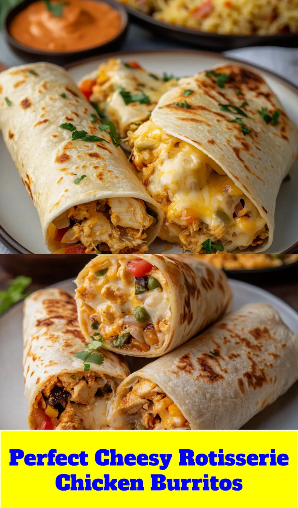 CHEESY ROTISSERIE CHICKEN BURRITOS centered hero view, clean and uncluttered_pin