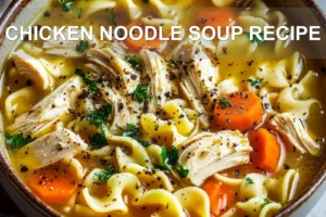 CHICKEN NOODLE SOUP RECIPE centered hero view, clean and uncluttered