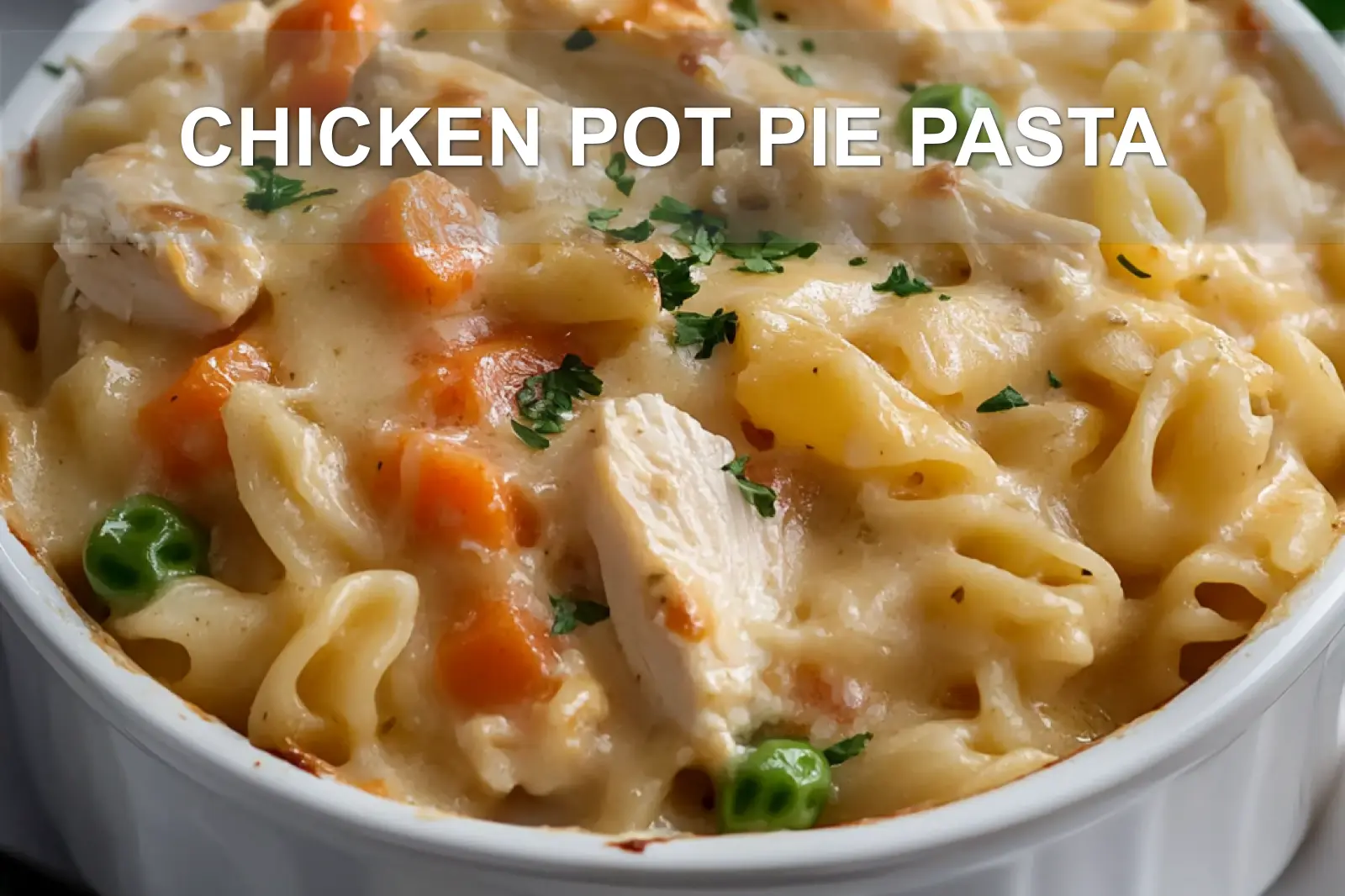 CHICKEN POT PIE PASTA centered hero view, clean and uncluttered
