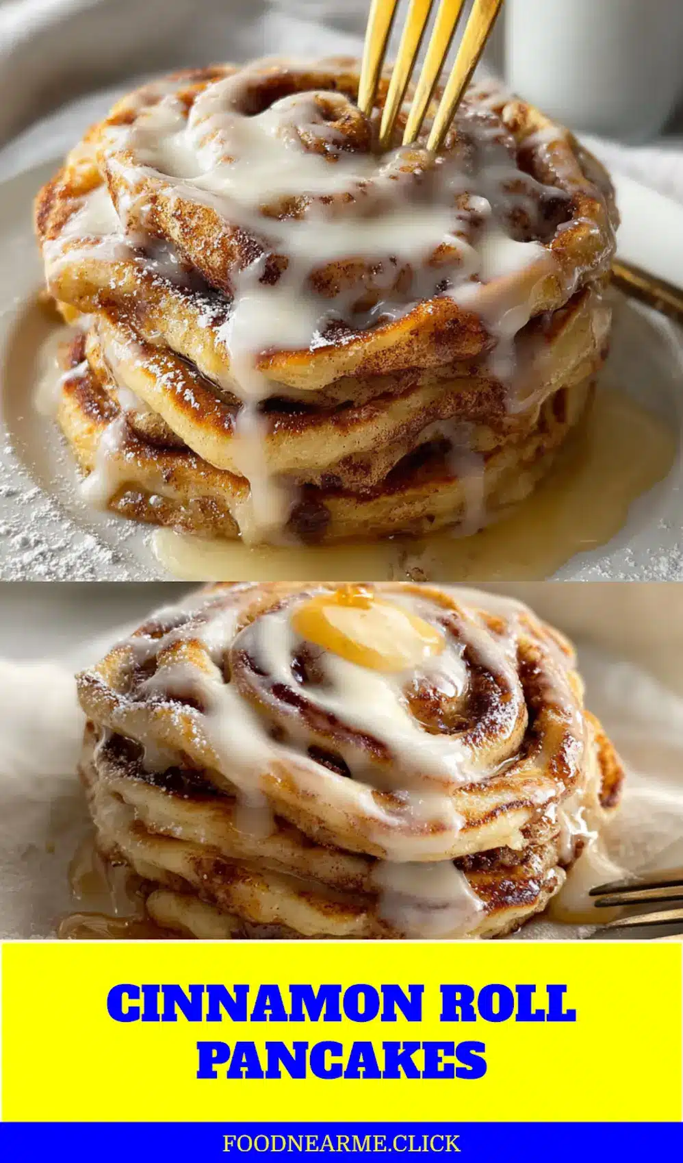 CINNAMON ROLL PANCAKES stacked with maple syrup and delicate white cheese glaze on white cloth_pin
