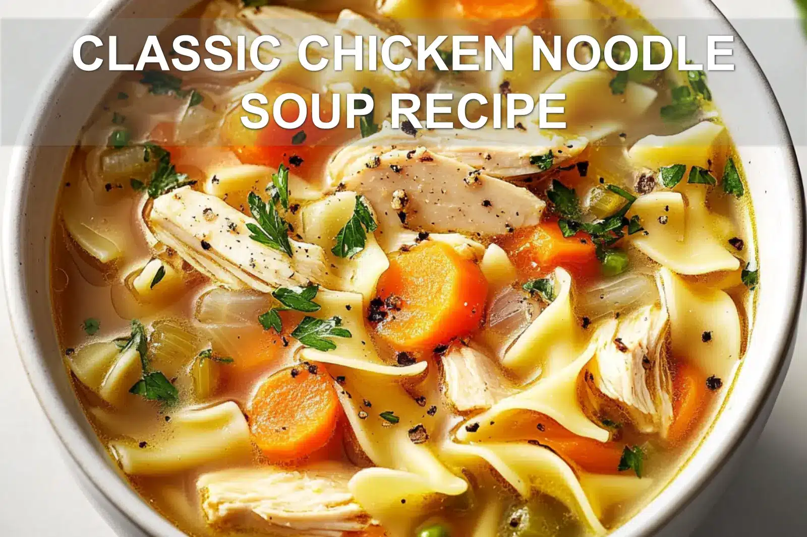 Traditional classic chicken noodle soup in a white bowl, ready for a meal