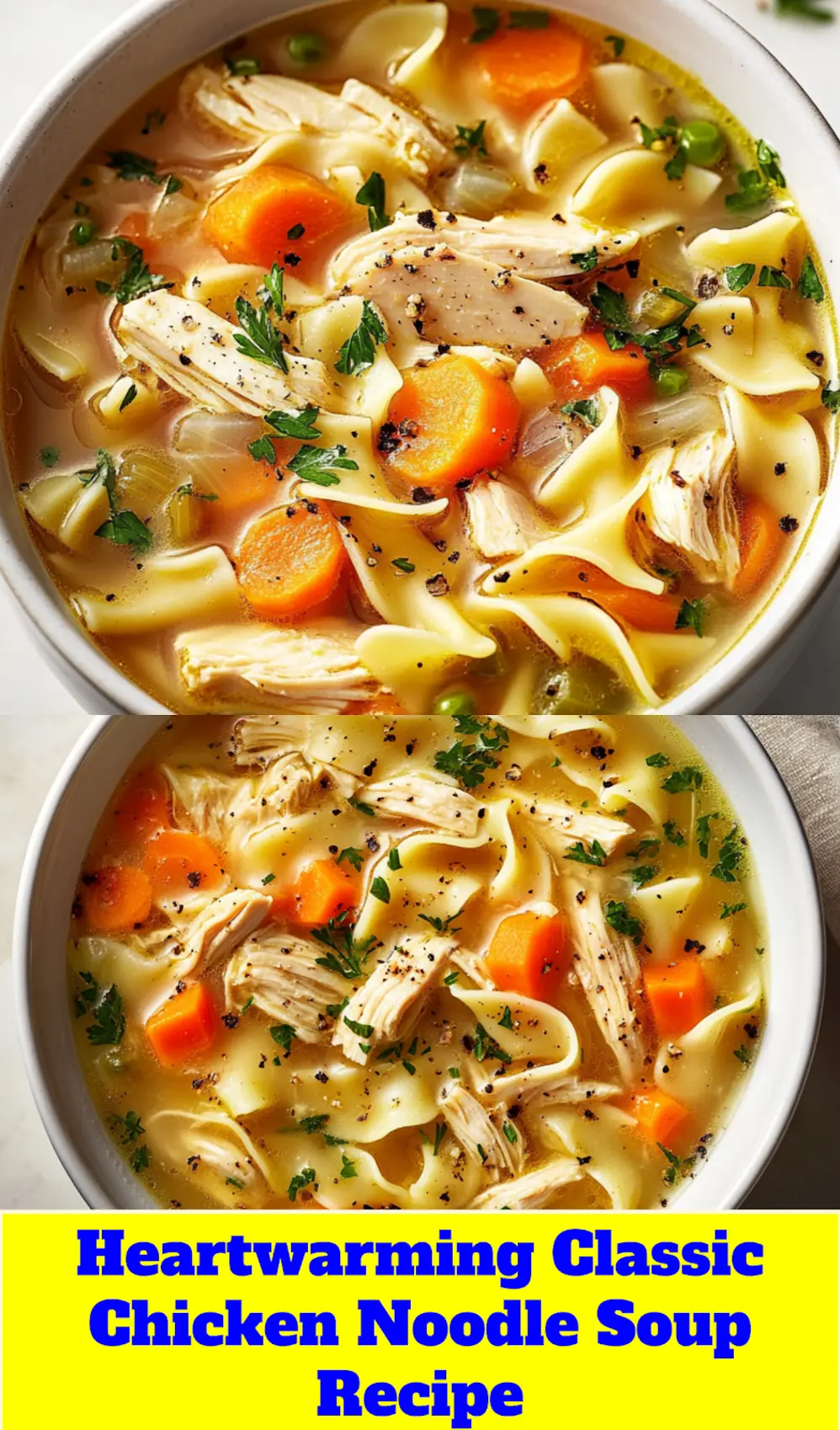 CLASSIC CHICKEN NOODLE SOUP RECIPE centered hero view, clean and uncluttered_pin