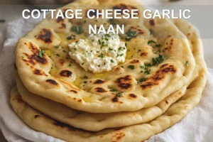 Cottage Cheese Garlic Naan: Deliciously Simple Recipe COTTAGE CHEESE GARLIC NAAN warm golden flatbreads on white napkin with a clear glass of water