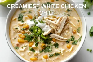 CREAMIEST WHITE CHICKEN CHILI centered hero view, clean and uncluttered