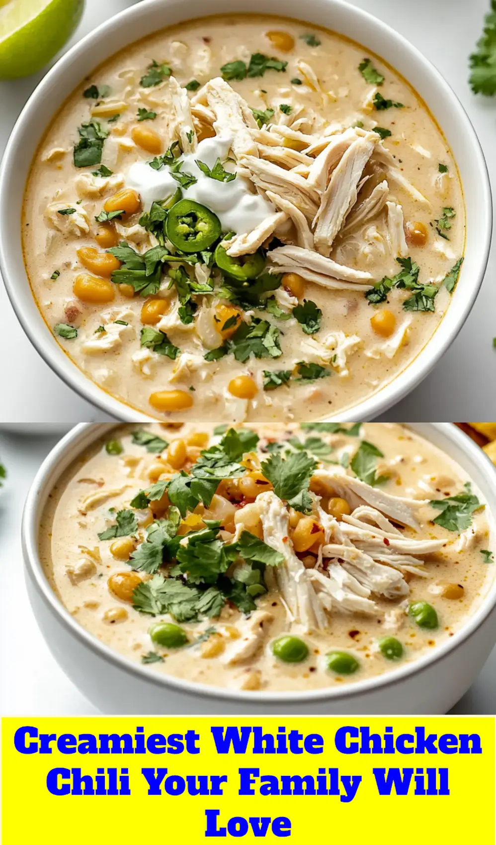 CREAMIEST WHITE CHICKEN CHILI centered hero view, clean and uncluttered_pin