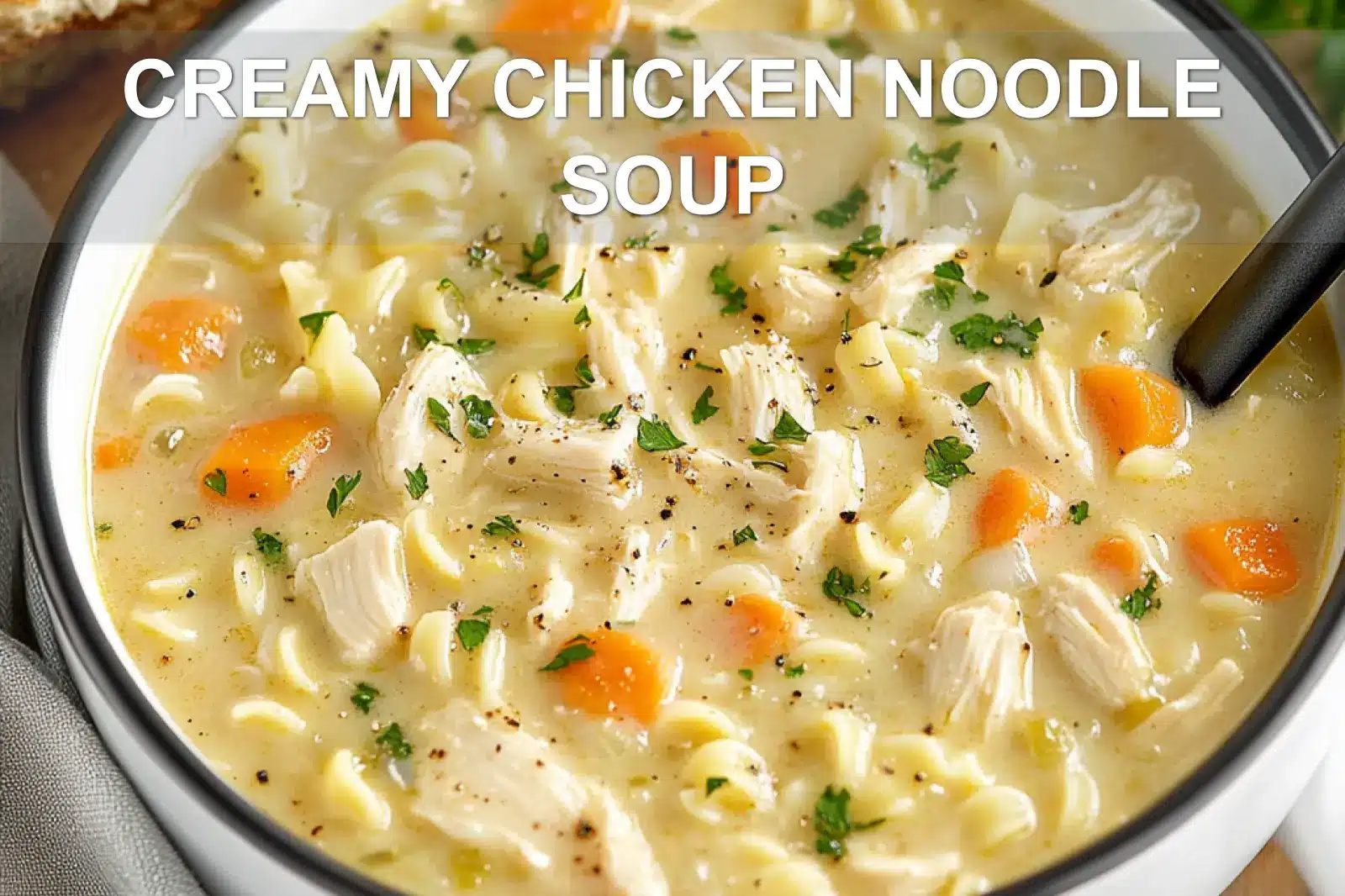 Rich and creamy chicken noodle soup in a bowl with fresh herbs