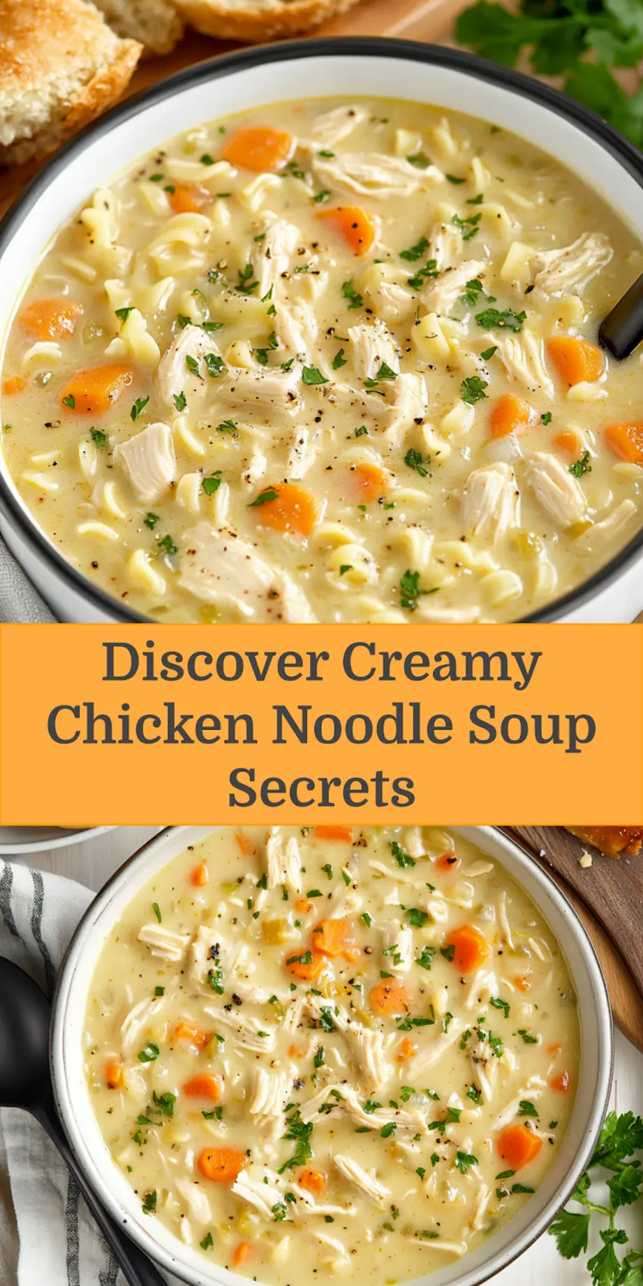 CREAMY CHICKEN NOODLE SOUP centered hero view, clean and uncluttered_pin