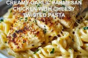 CREAMY GARLIC PARMESAN CHICKEN WITH CHEESY TWISTED PASTA centered hero view, clean and uncluttered