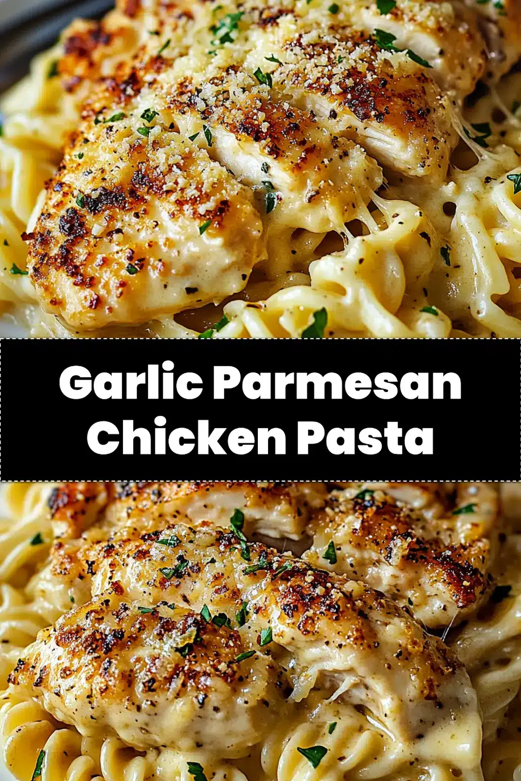CREAMY GARLIC PARMESAN CHICKEN WITH CHEESY TWISTED PASTA centered hero view, clean and uncluttered_pin