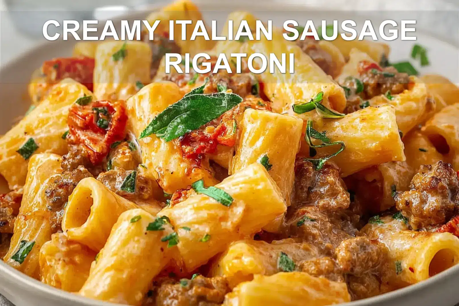 CREAMY ITALIAN SAUSAGE RIGATONI plated with creamy white sauce basil oregano and grated cheese
