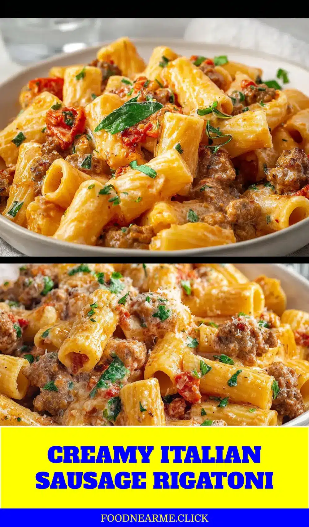 CREAMY ITALIAN SAUSAGE RIGATONI plated with creamy white sauce basil oregano and grated cheese_pin