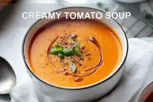 CREAMY TOMATO SOUP in a creamy bowl with basil garnish warm inviting main blog image