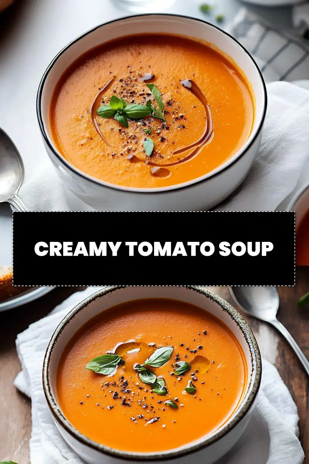 CREAMY TOMATO SOUP in a creamy bowl with basil garnish warm inviting main blog image_pin
