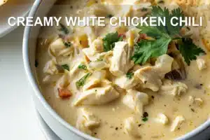 CREAMY WHITE CHICKEN CHILI centered hero view, clean and uncluttered