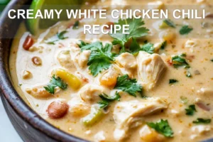 CREAMY WHITE CHICKEN CHILI RECIPE centered hero view, clean and uncluttered