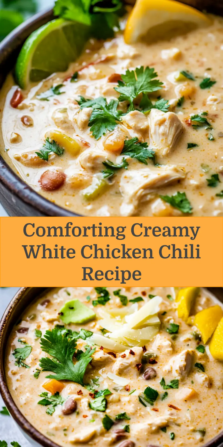 CREAMY WHITE CHICKEN CHILI RECIPE centered hero view, clean and uncluttered_pin