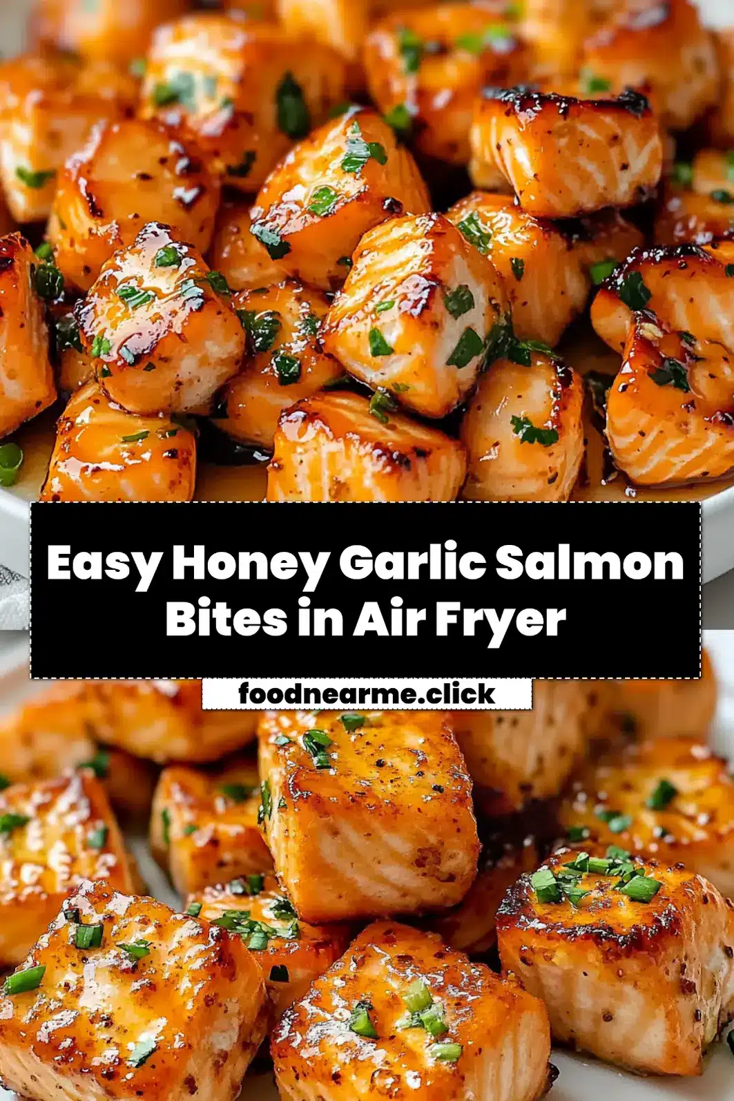 CRISPY AIR FRYER HONEY GARLIC SALMON BITES centered hero view, clean and uncluttered_pin