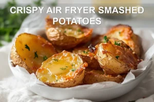 CRISPY AIR FRYER SMASHED POTATOES on white napkin with herbs and golden crisp edges