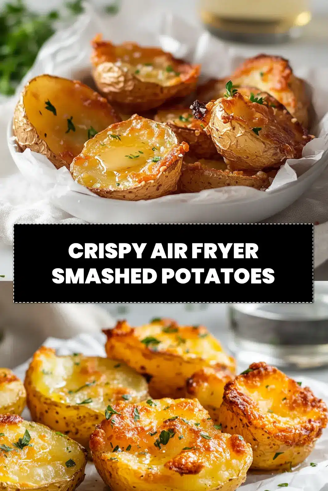 CRISPY AIR FRYER SMASHED POTATOES on white napkin with herbs and golden crisp edges_pin