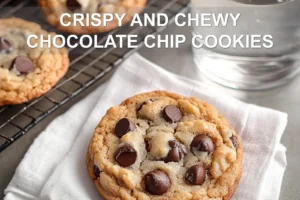 CRISPY AND CHEWY CHOCOLATE CHIP COOKIES hero image warm 3/4 view on white napkin