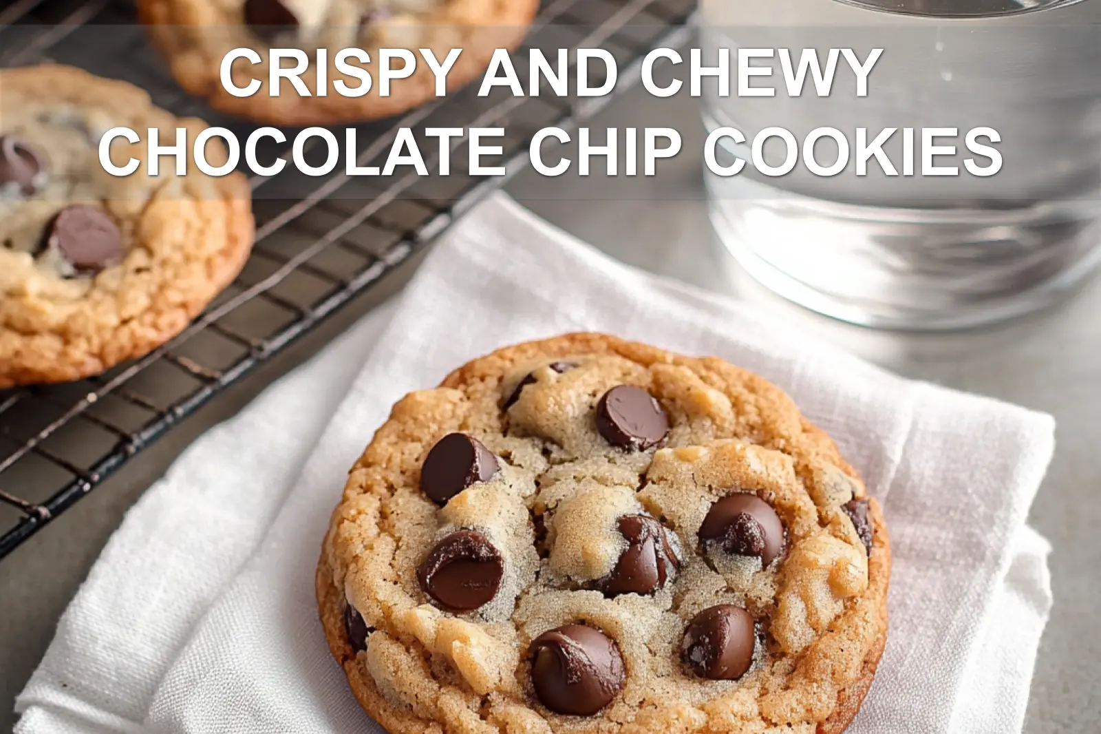 CRISPY AND CHEWY CHOCOLATE CHIP COOKIES hero image warm 3/4 view on white napkin