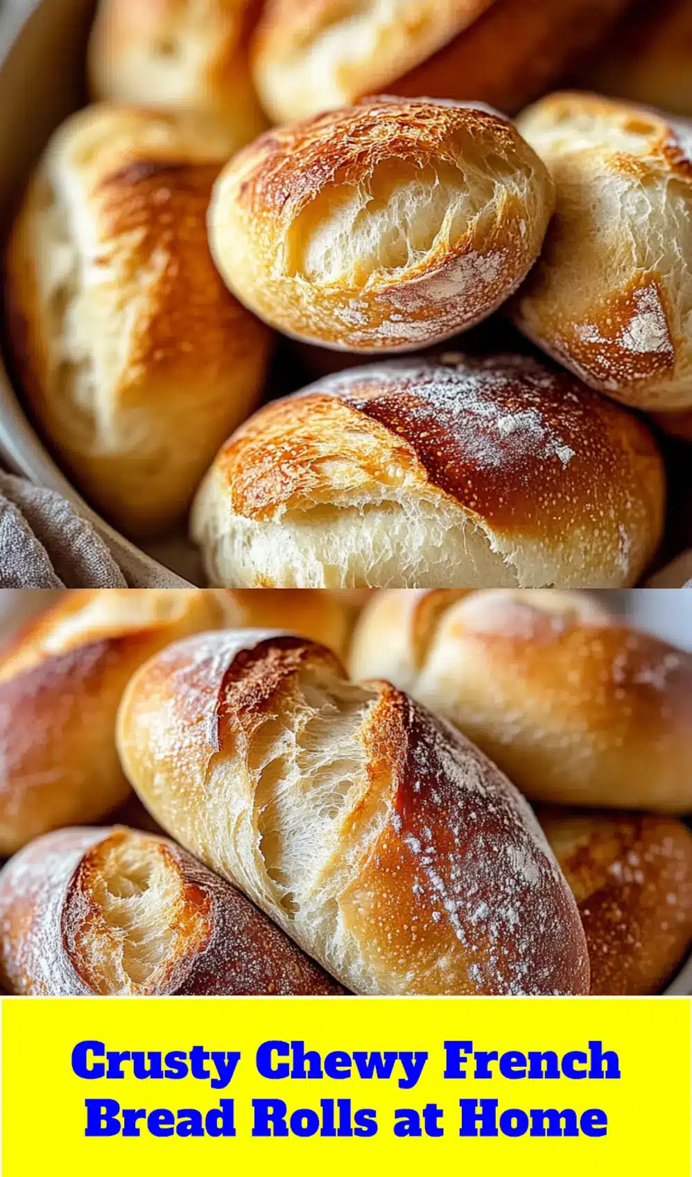 CRUSTY CHEWY FRENCH BREAD ROLLS centered hero view, clean and uncluttered_pin