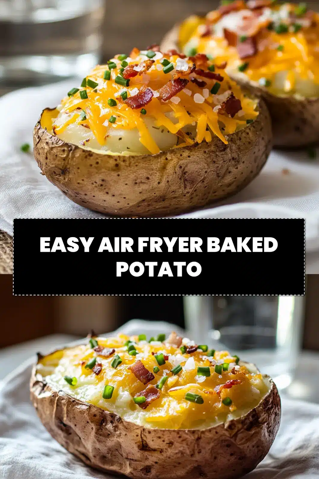 EASY AIR FRYER BAKED POTATO golden cheese sour creamy sauce chives bacon bits close up_pin