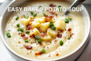 Easy Baked Potato Soup: Delicious Quick Recipe EASY BAKED POTATO SOUP centered hero view, clean and uncluttered