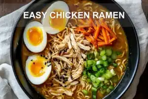EASY CHICKEN RAMEN cozy bowl with shredded chicken halved eggs spring onions sesame